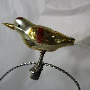 Vintage Glass Clip-On Bird Christmas Holiday Tree Ornament w/  Real Feather Tail